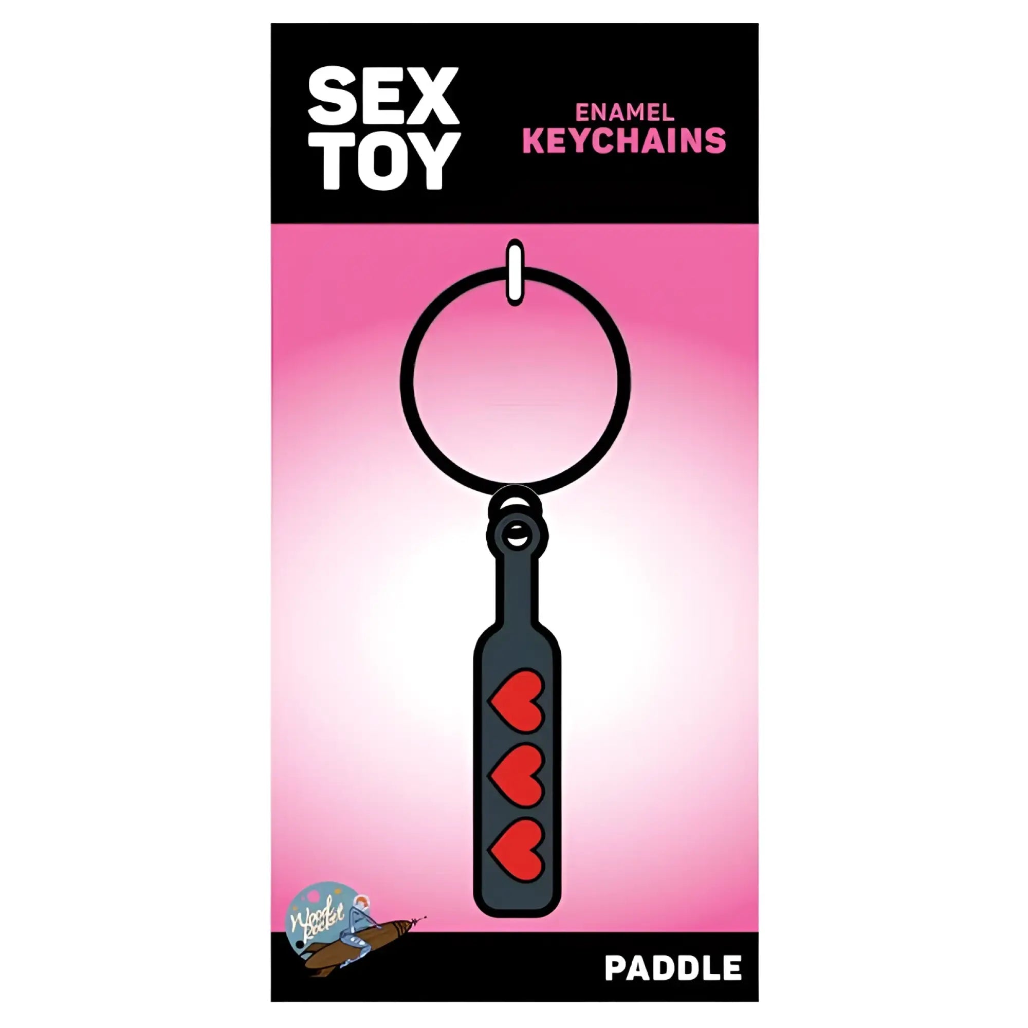Black enamel wood rocket hearts paddle keychain with three red hearts along the side