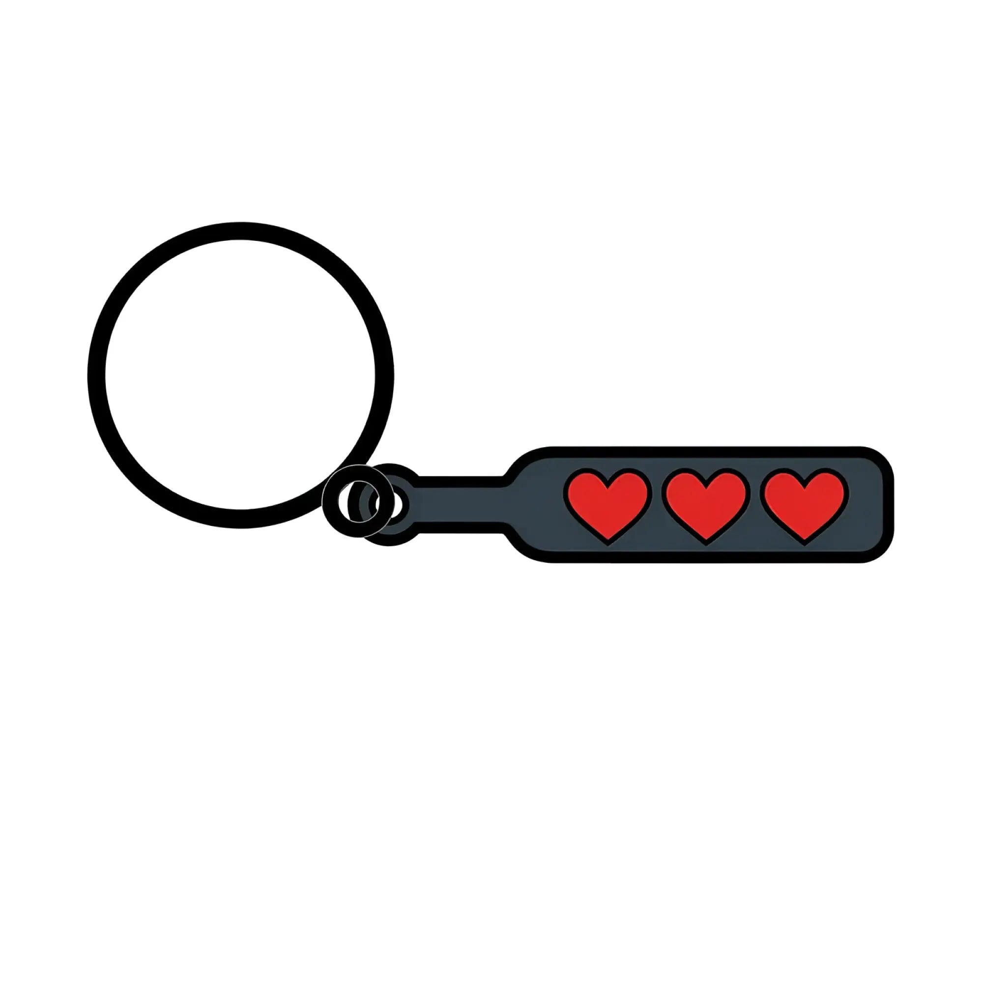 Black wood rocket hearts paddle keychain with three red heart icons on a rectangular tag