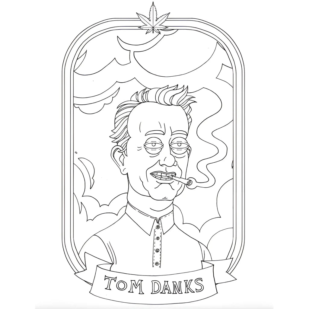 Black-and-white line art portrait of tom danks in a stylized frame with cannabis leaf smoke motifs in wood rocket high af colouring book