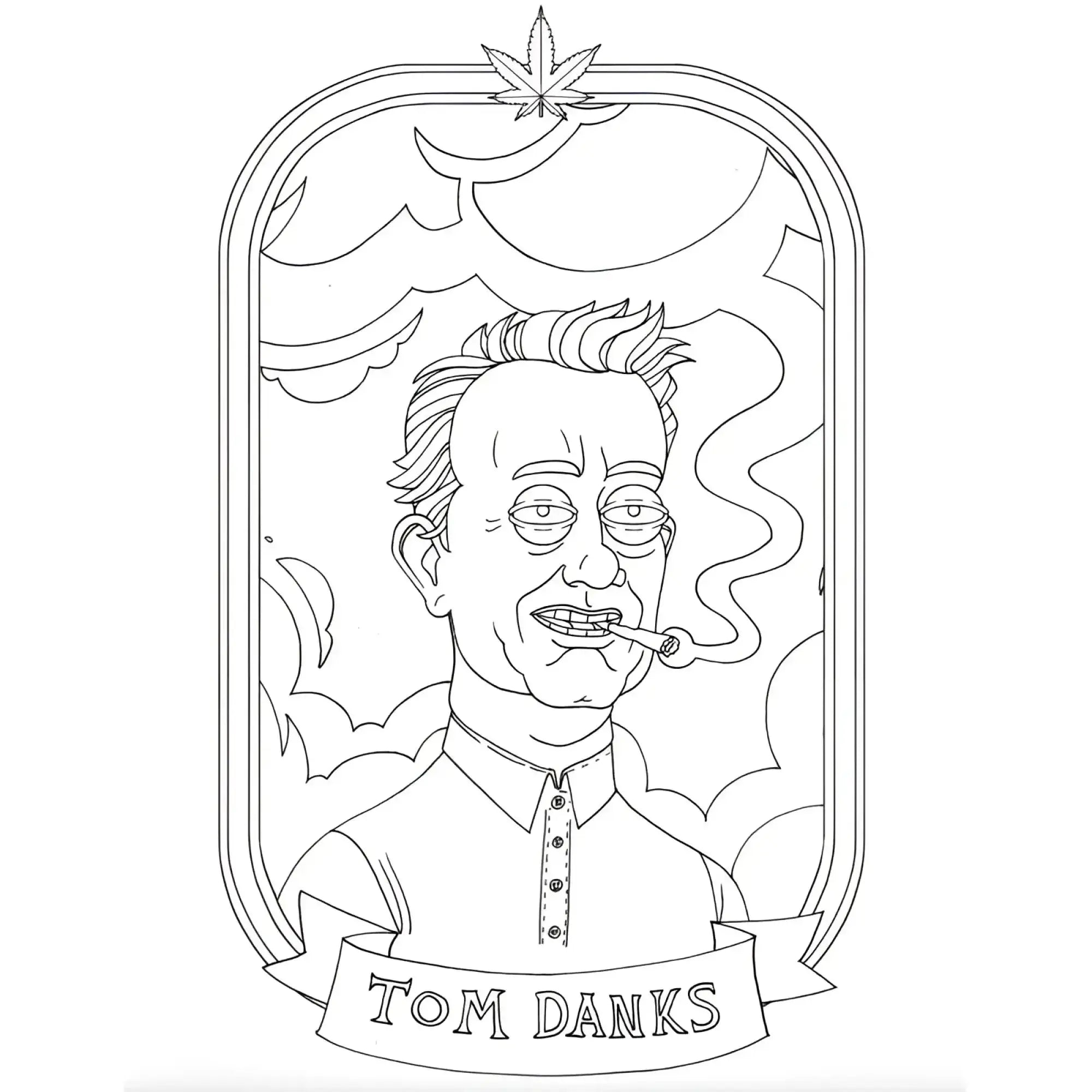 Black-and-white line art portrait of tom danks in a stylized frame with cannabis leaf smoke motifs