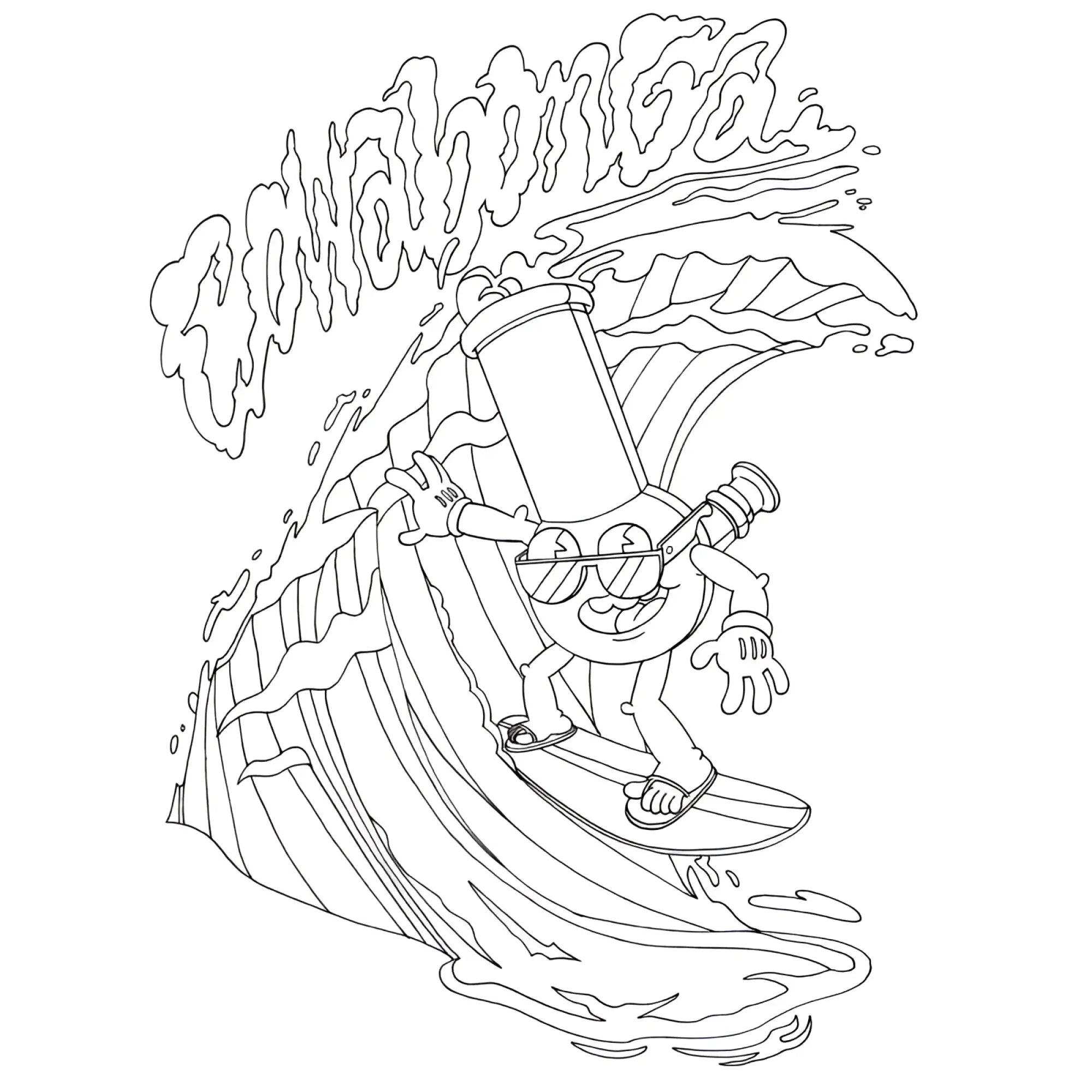 A cartoon character with a cylindrical body wearing sunglasses and flip-flops surfboards on a wave in wood rocket high af colouring book