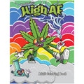 Woodrocket high af adult coloring book featuring a vibrant cartoon marijuana leaf with orange purple eyes on rainbow clouds