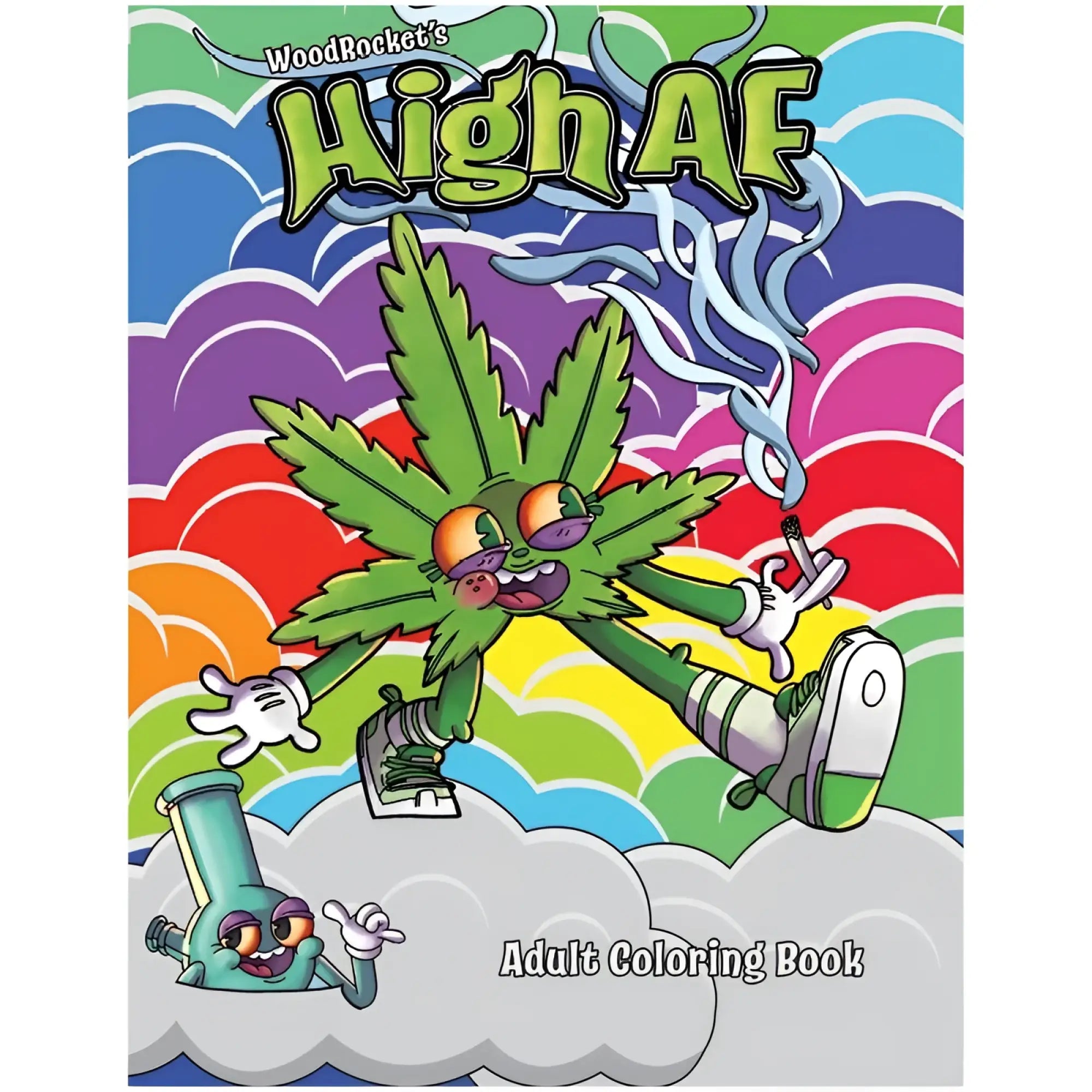 Woodrocket high af adult coloring book featuring a vibrant cartoon marijuana leaf with orange purple eyes on rainbow clouds