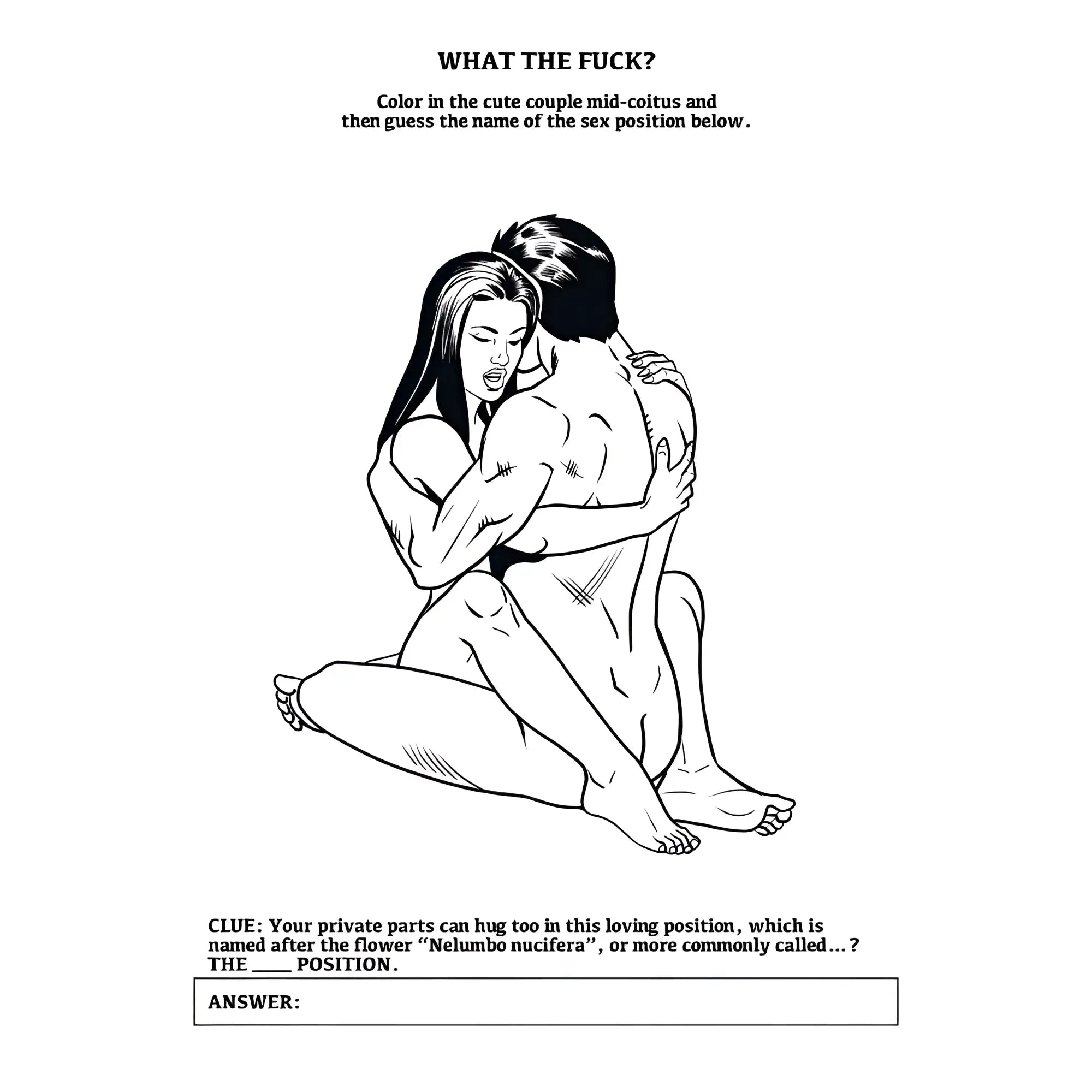 Black and white line art of a couple embracing labeled what the fuck in wood rocket kama sutra colouring book prompt