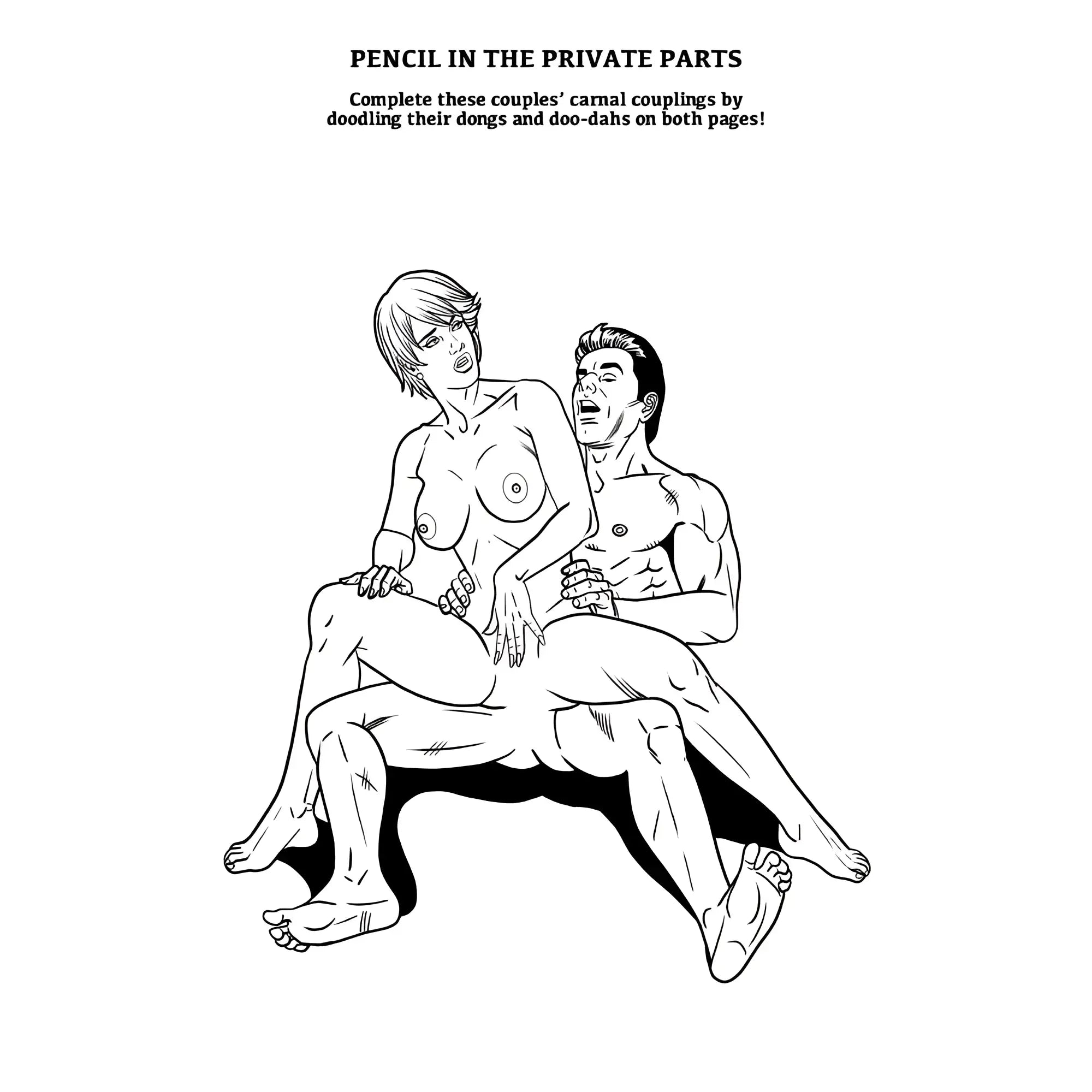 Black and white line art illustration of two nude figures in an intimate pose in wood rocket kama sutra colouring book