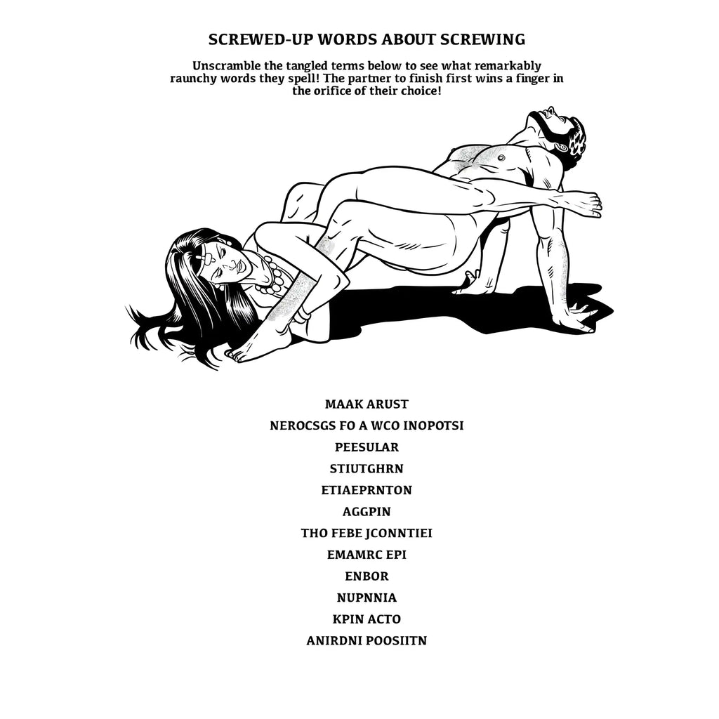 Black-and-white line drawing of two nude figures in a sexual position in the wood rocket kama sutra colouring book