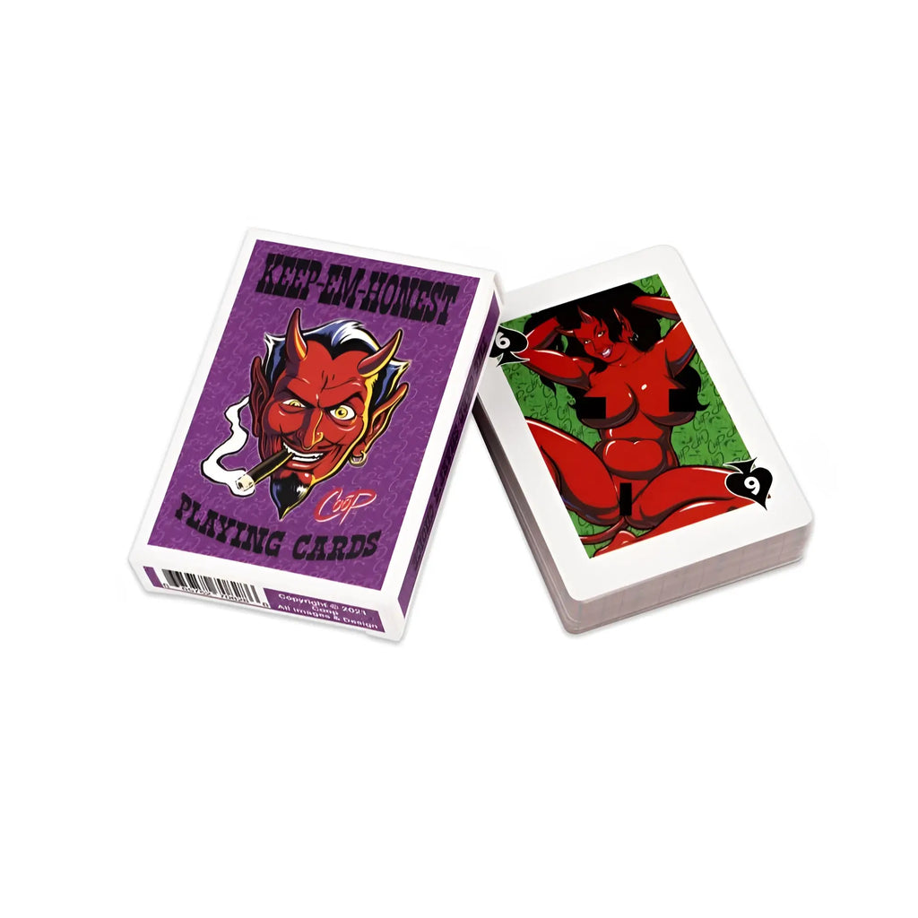 Purple wood rocket keep em honest playing cards deck with devil illustration on box and red cartoon characters on card faces
