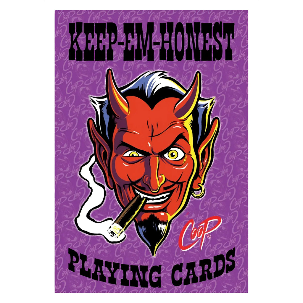 Purple wood rocket keep em honest playing cards deck featuring red devil with blue hair and yellow eyes smoking cigar