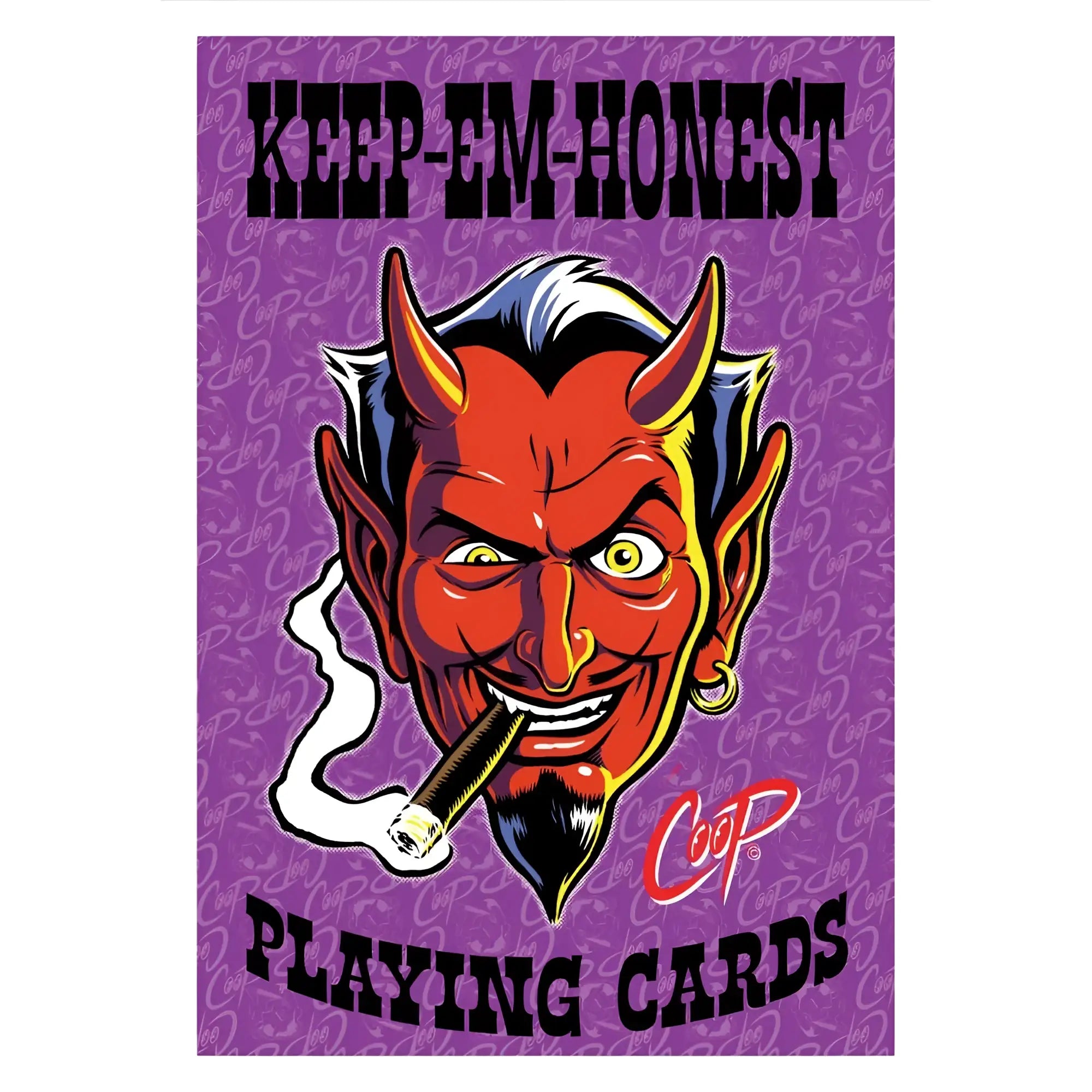 Purple wood rocket keep em honest playing cards deck featuring red devil with blue hair and yellow eyes smoking cigar