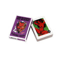 Purple wood rocket keep em honest playing cards deck with devil illustration on box and red cartoon characters on card faces