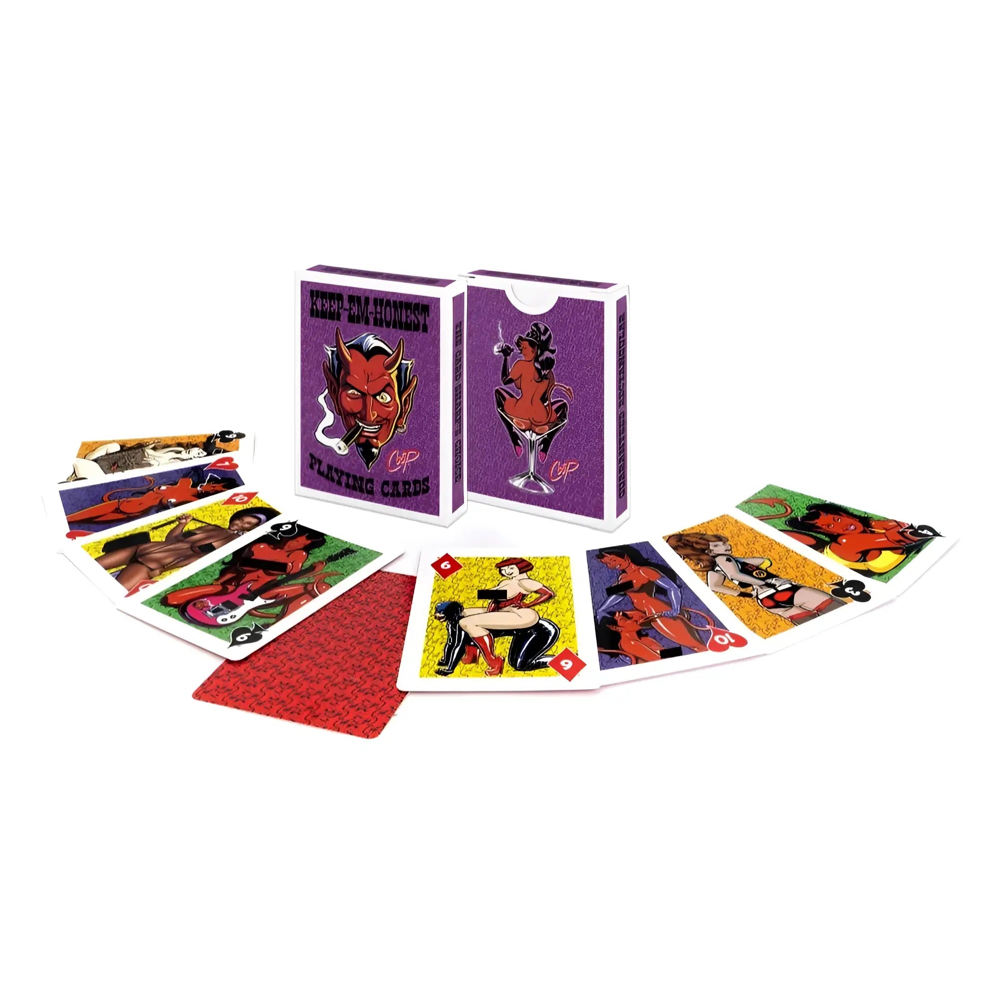 Wood rocket keep em honest playing cards with purple and white devil-themed artwork in vibrant reds yellows and greens