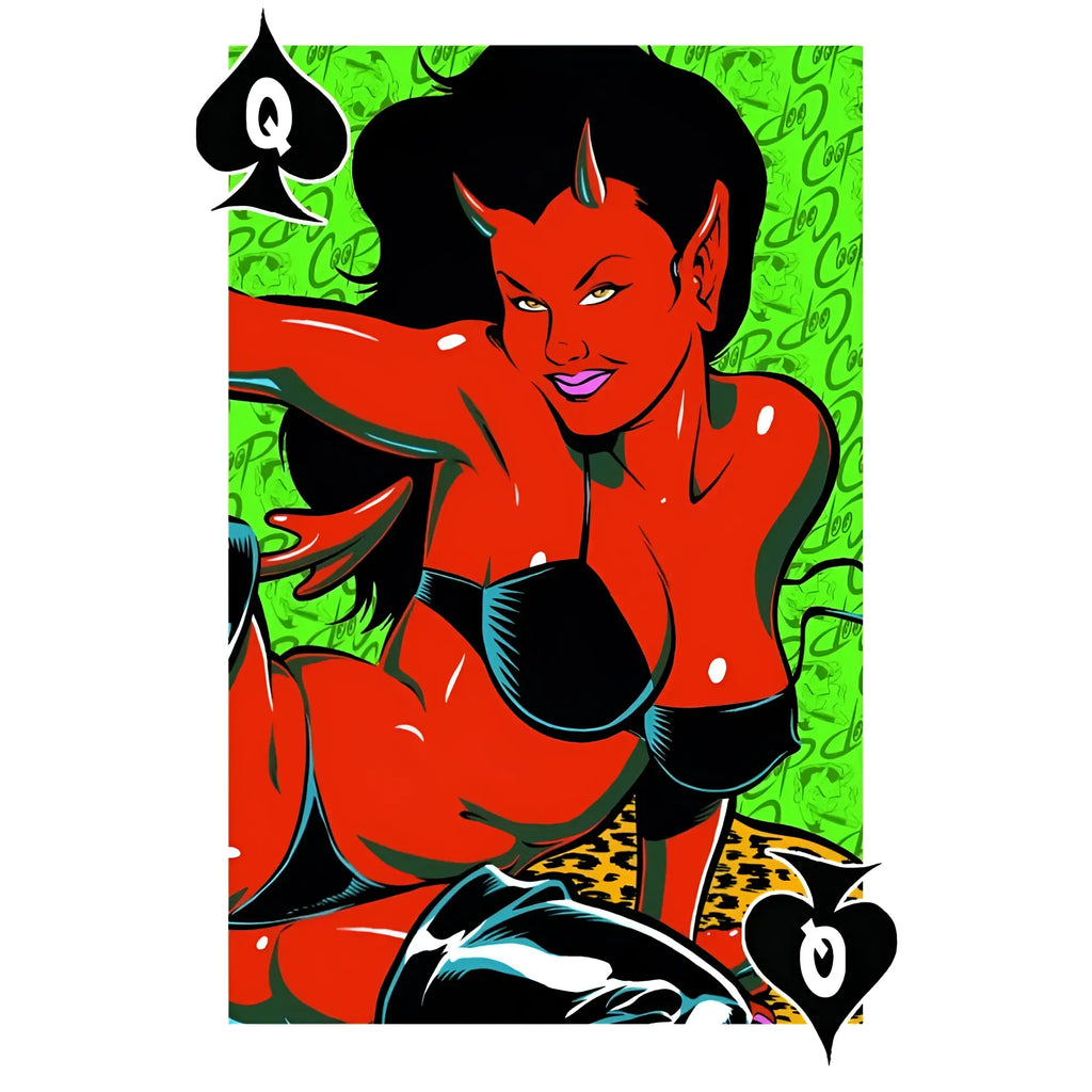 Wood rocket keep em honest playing cards featuring red devil queen with black horns wearing black bra and leopard print bottoms