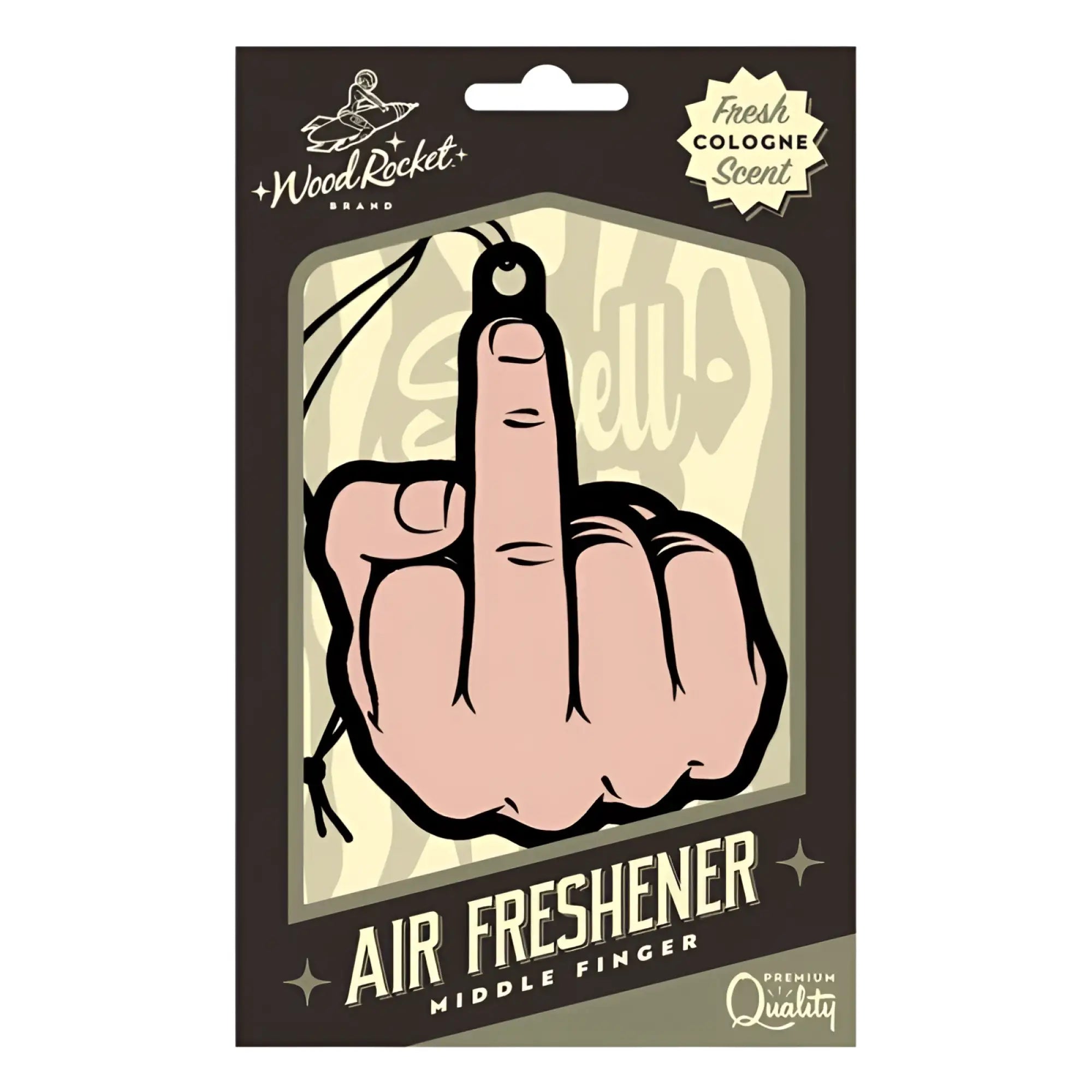 Wood Rocket middle finger air freshener in pinkish skin tone with black outline in dark brown cardboard sleeve packaging