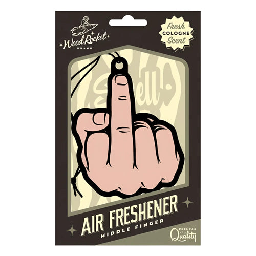 Wood Rocket middle finger air freshener in pinkish skin tone with black outline in dark brown cardboard sleeve packaging
