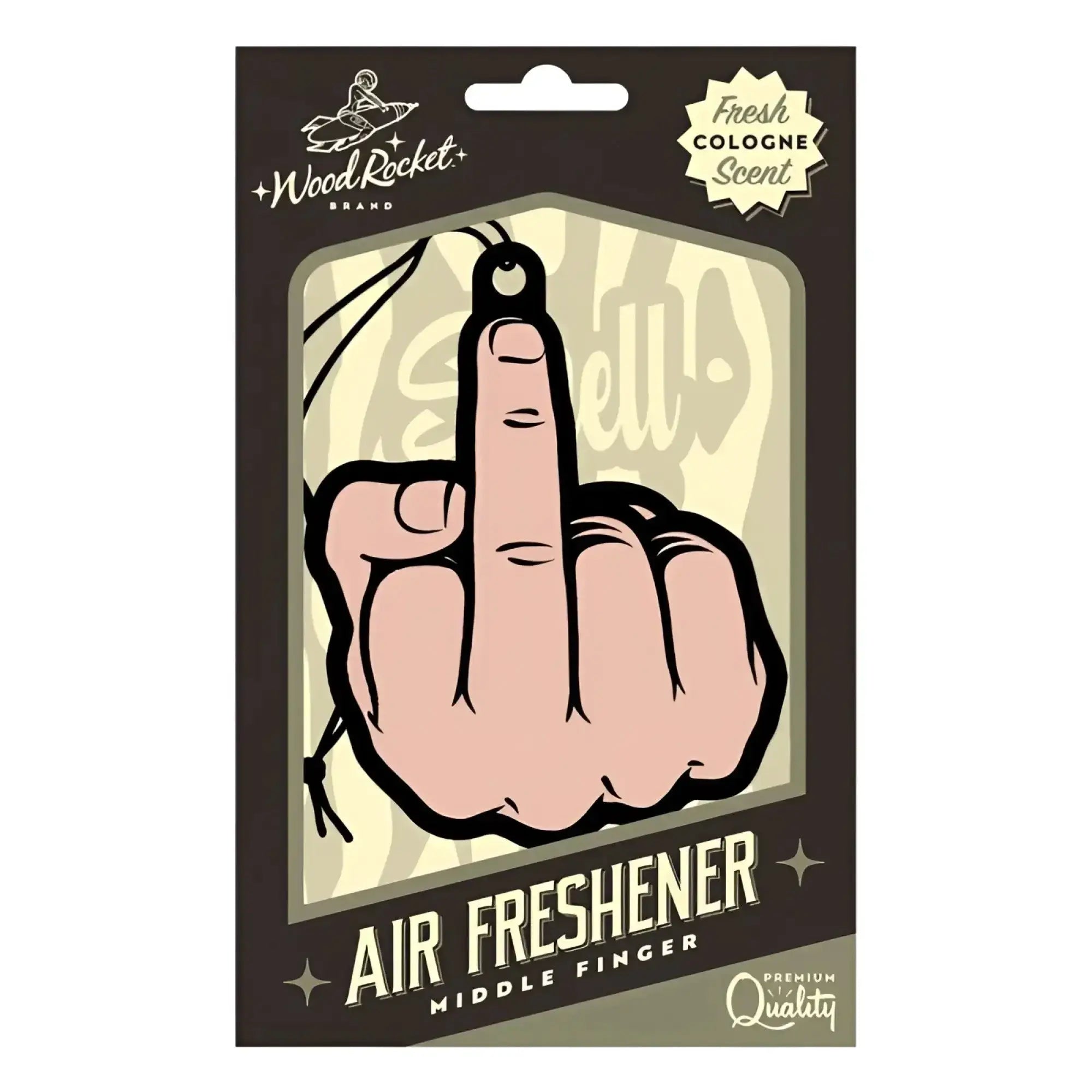 Wood Rocket middle finger air freshener in pinkish skin tone with black outline in dark brown cardboard sleeve packaging
