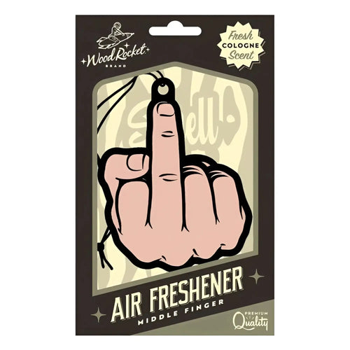 Wood Rocket middle finger air freshener in pinkish skin tone with black outline in dark brown cardboard sleeve packaging