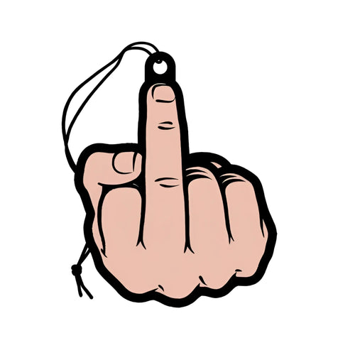 Wood rocket middle finger air freshener in peach pink shaped like a hand with black outline and string loop