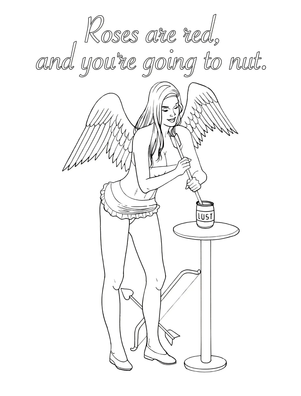 Black and white line art coloring page of an angel with wings stirring a jar labeled lust from wood rocket my naughty valentine coloring book