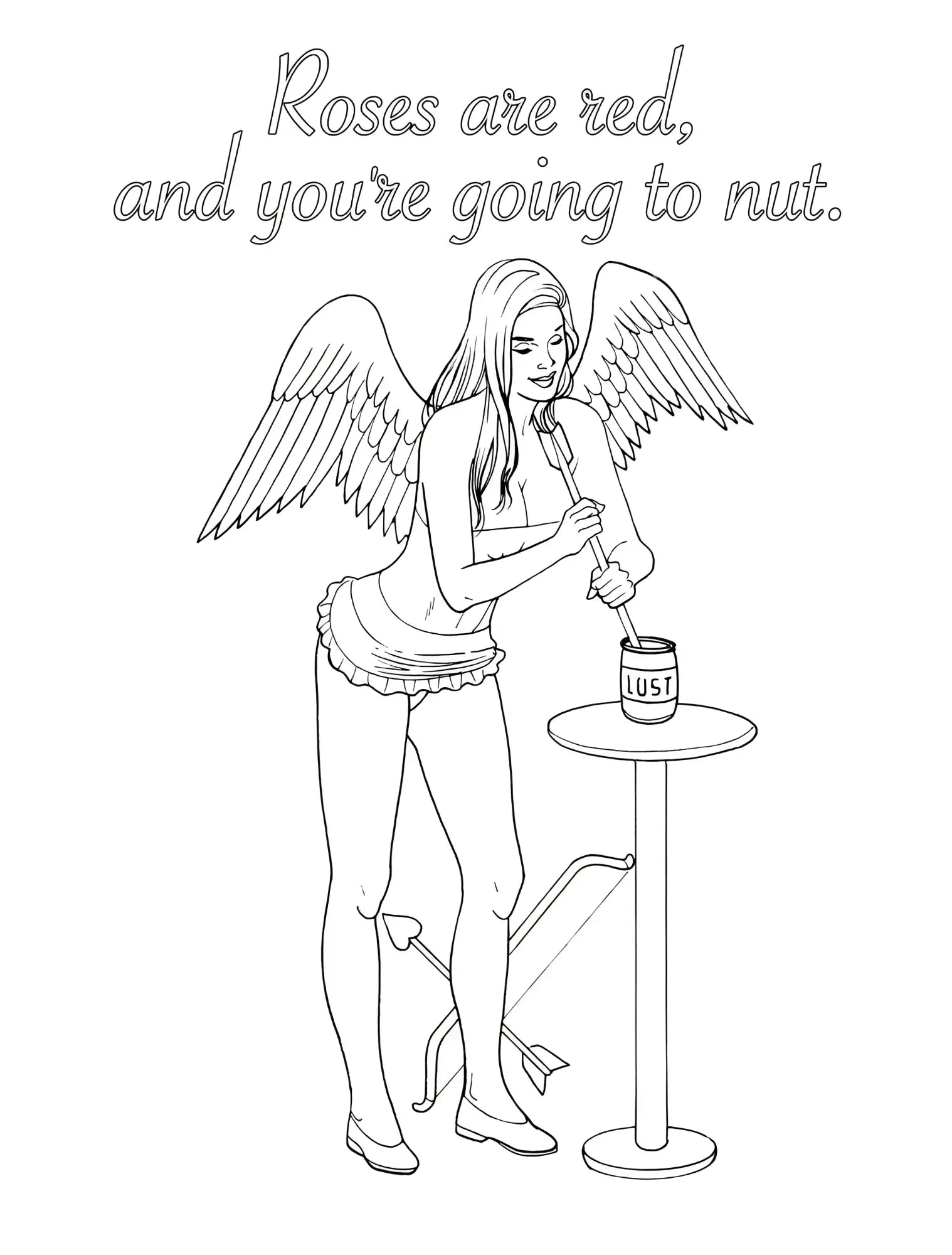 Black and white line art coloring page of an angel with wings stirring a jar labeled lust from wood rocket my naughty valentine coloring book