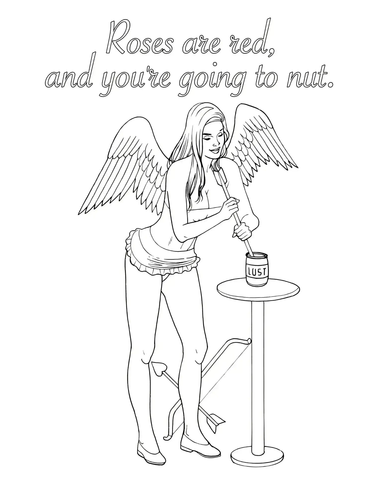 Black and white line art colouring page of an angel with wings stirring a jar labelled lust.