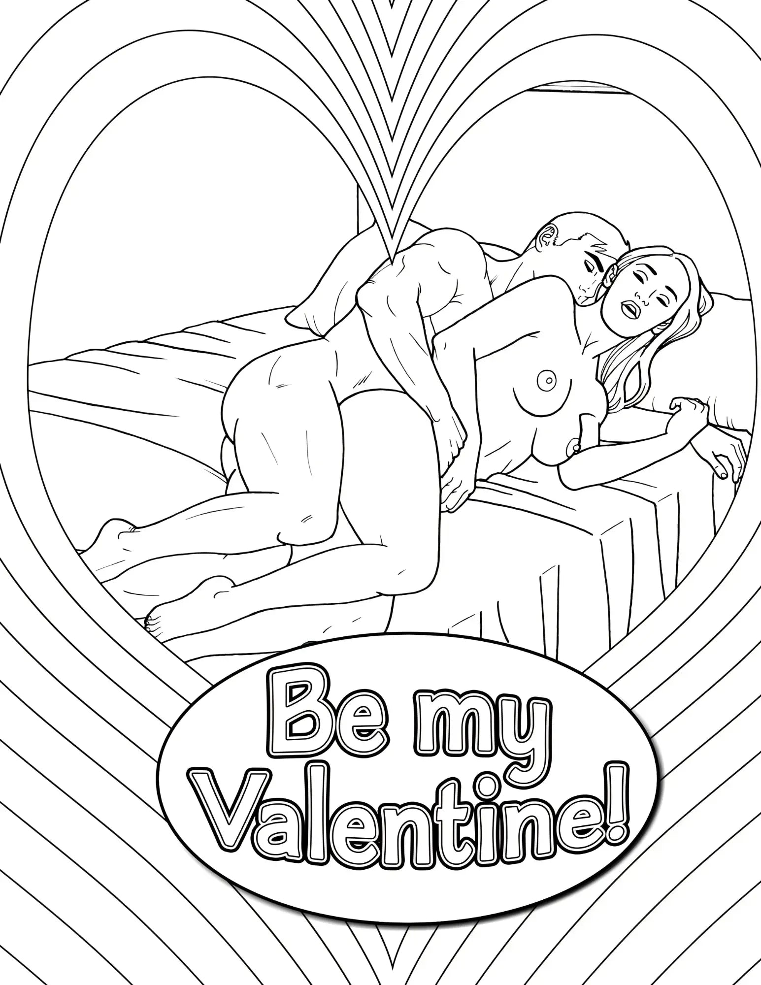 Black and white line art coloring page of a couple in a heart frame with be my valentine text from wood rocket coloring book