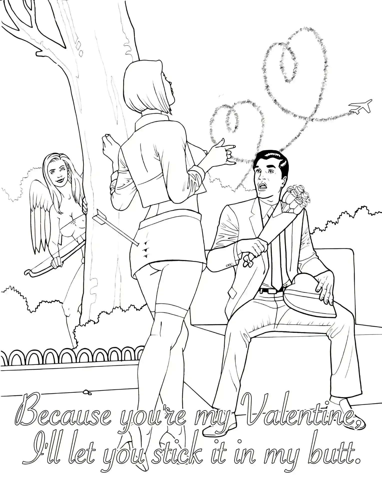 Black-and-white line art colouring page of a man and woman with hearts outdoors from wood rocket my naughty valentine