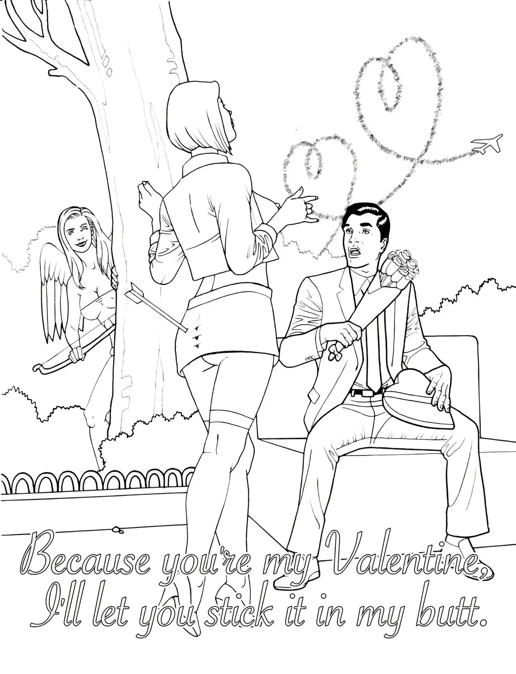 Black-and-white line art coloring page of a man and woman with hearts outdoors from wood rocket my naughty valentine coloring book
