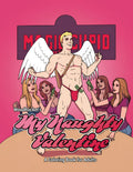 A vibrant pink and red coloring book cover of wood rocket my naughty valentine featuring a muscular winged male figure holding money surrounded by women