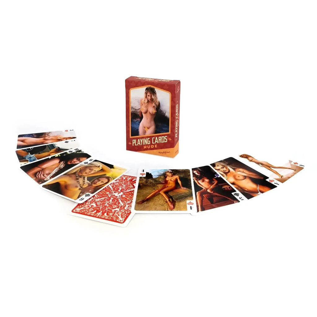Wood rocket nude playing cards featuring red and gold designs with nude models displayed with their box
