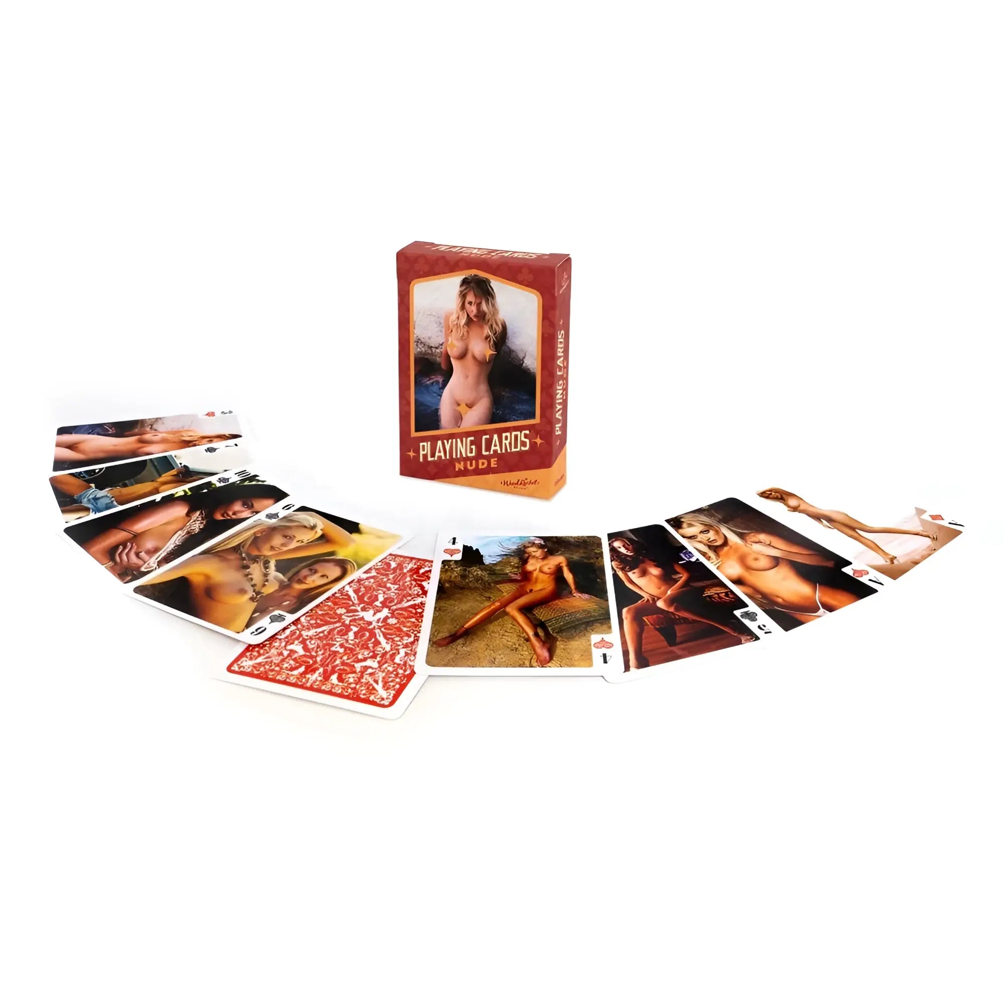 Wood rocket nude playing cards featuring red and gold designs with nude models displayed with their box
