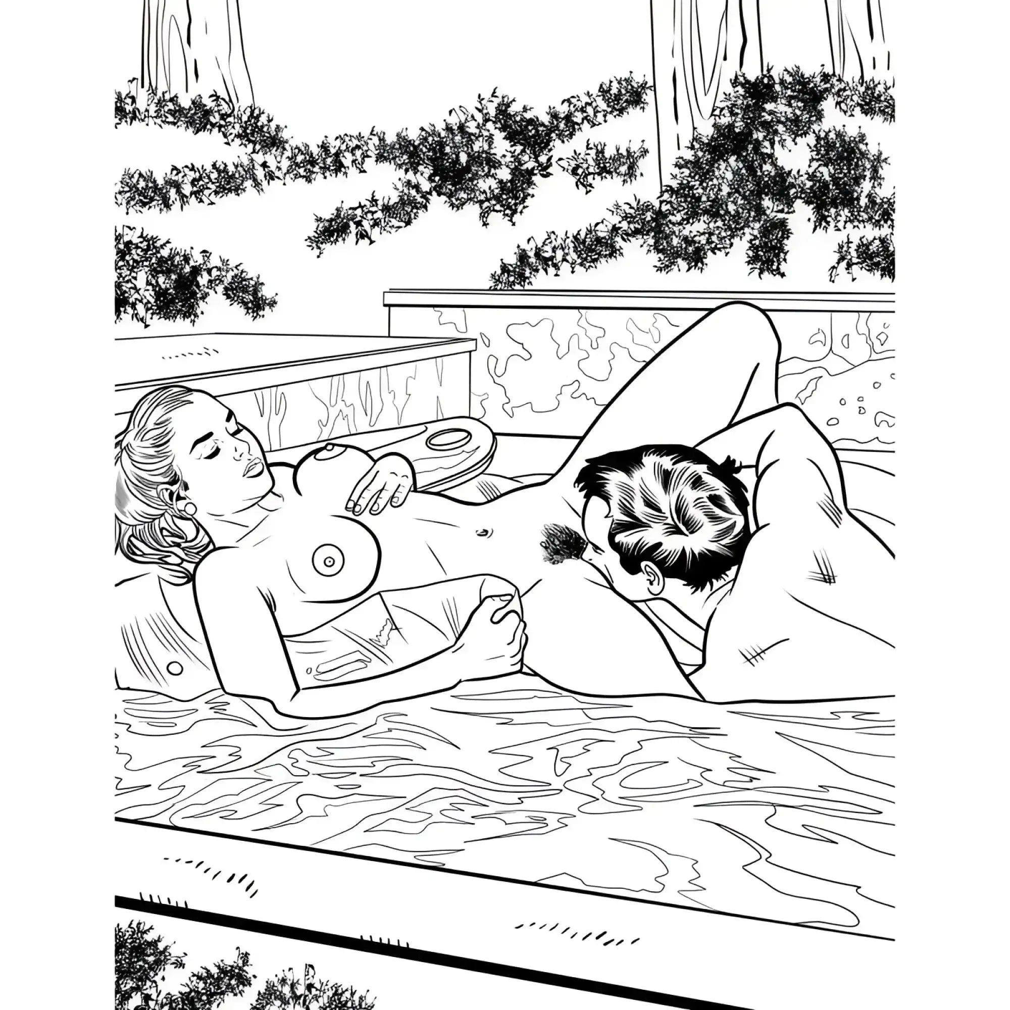 Black and white line drawing of two nude figures in a hot tub in wood rocket oral sex colouring book