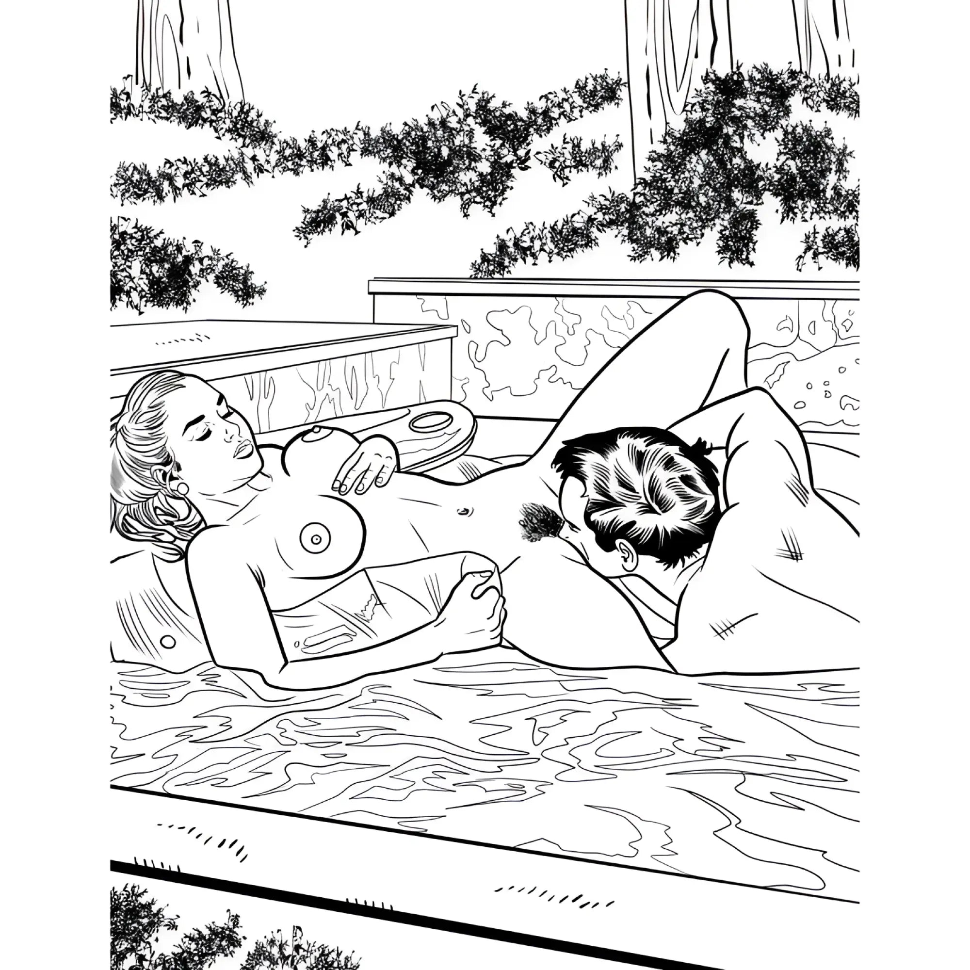 Black and white line drawing of two nude figures in a hot tub in wood rocket oral sex colouring book