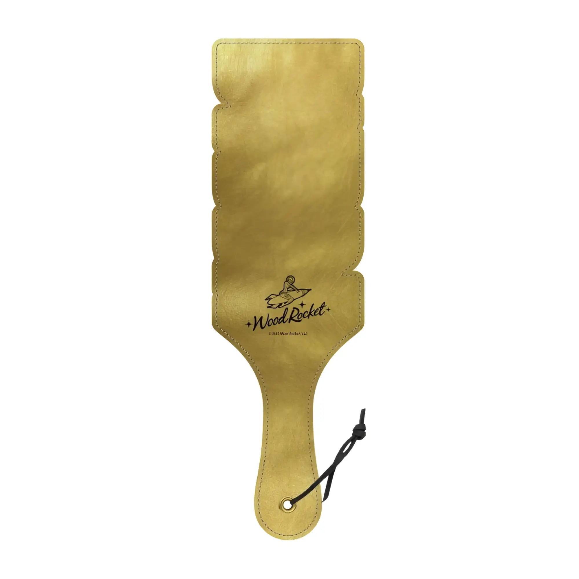 Wood rocket paddle daddy gold-colored leather paddle with scalloped edge and black cord attached to handle