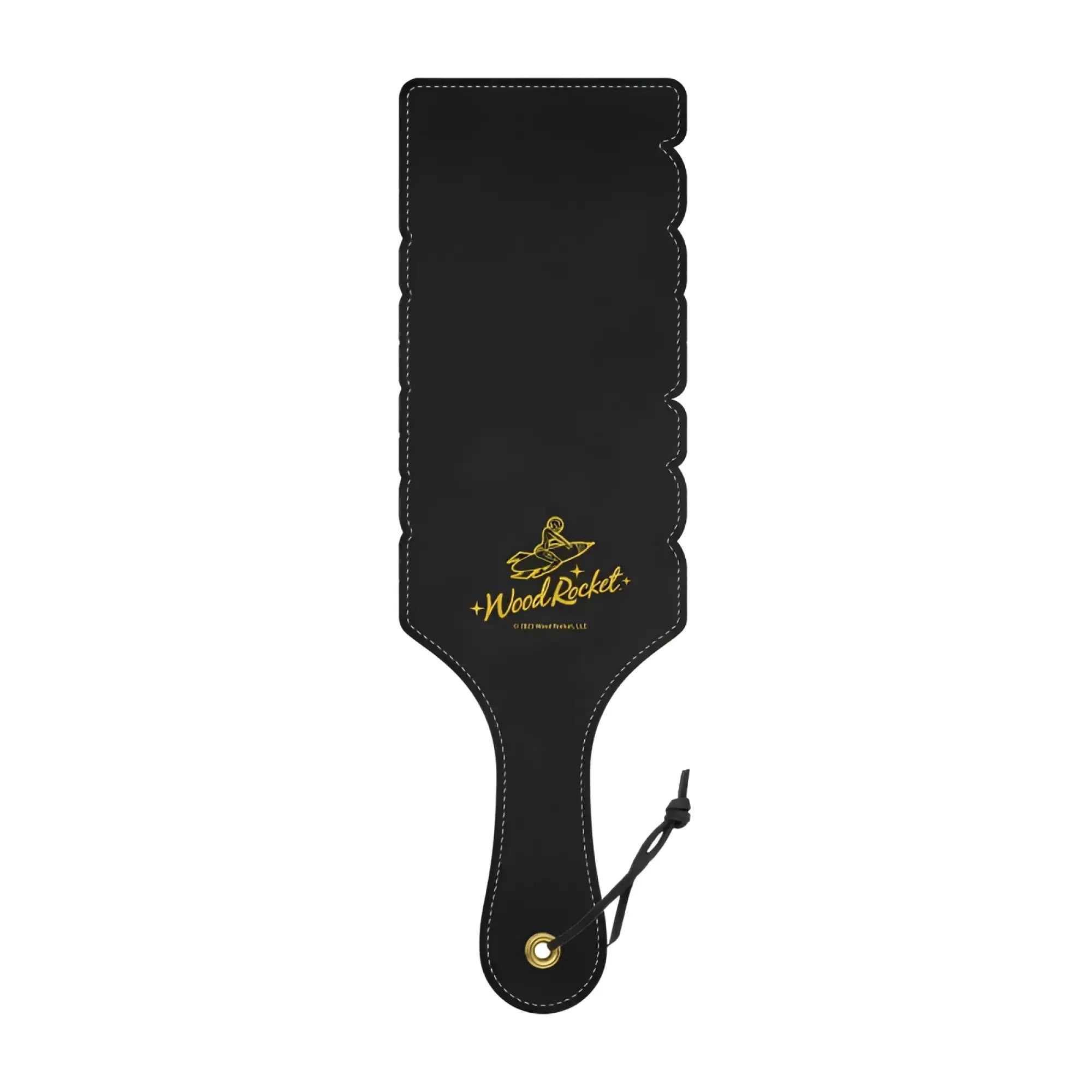 Black leather wood rocket paddle with gold stitching and gold logo on handle for paddle fuck you use