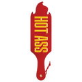 Red leather wood rocket paddle with flame shaped top and bold yellow hot ass lettering for playful use