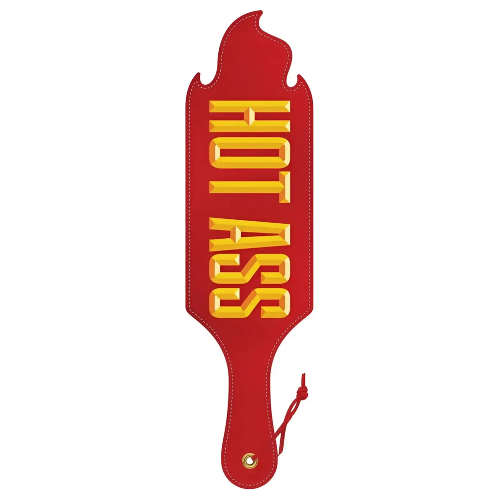 Red leather wood rocket paddle with flame shaped top and bold yellow hot ass lettering for playful use