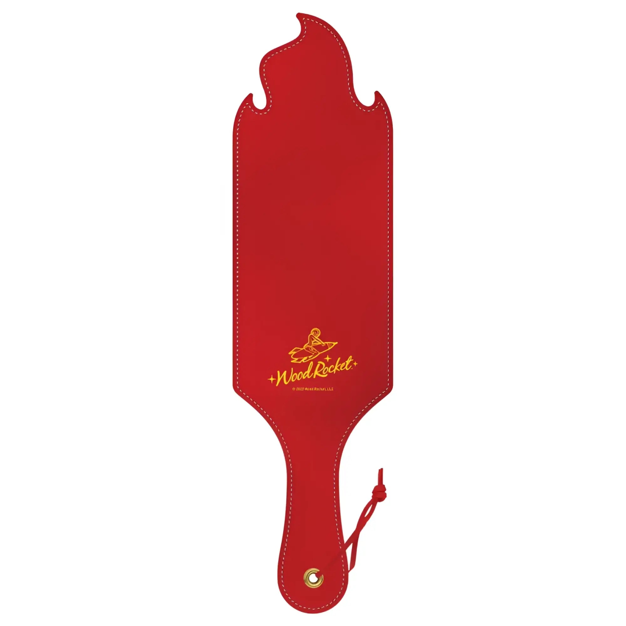Red leather hot ass paddle with flame-shaped top gold stitching and embroidered wood rocket logo