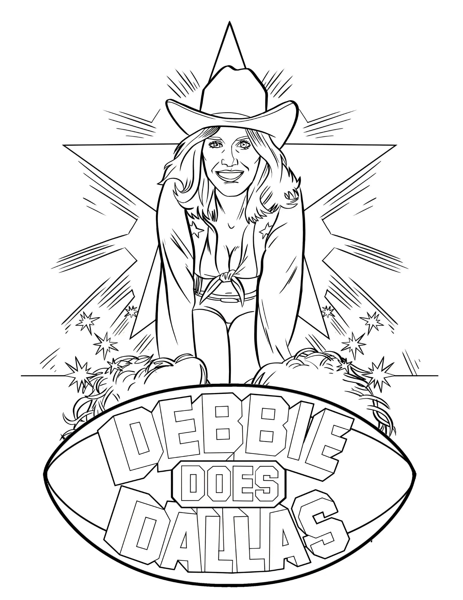Black-and-white line art of a woman in a cowboy hat and cape with debbie does dallas banner in wood rocket porn colouring book