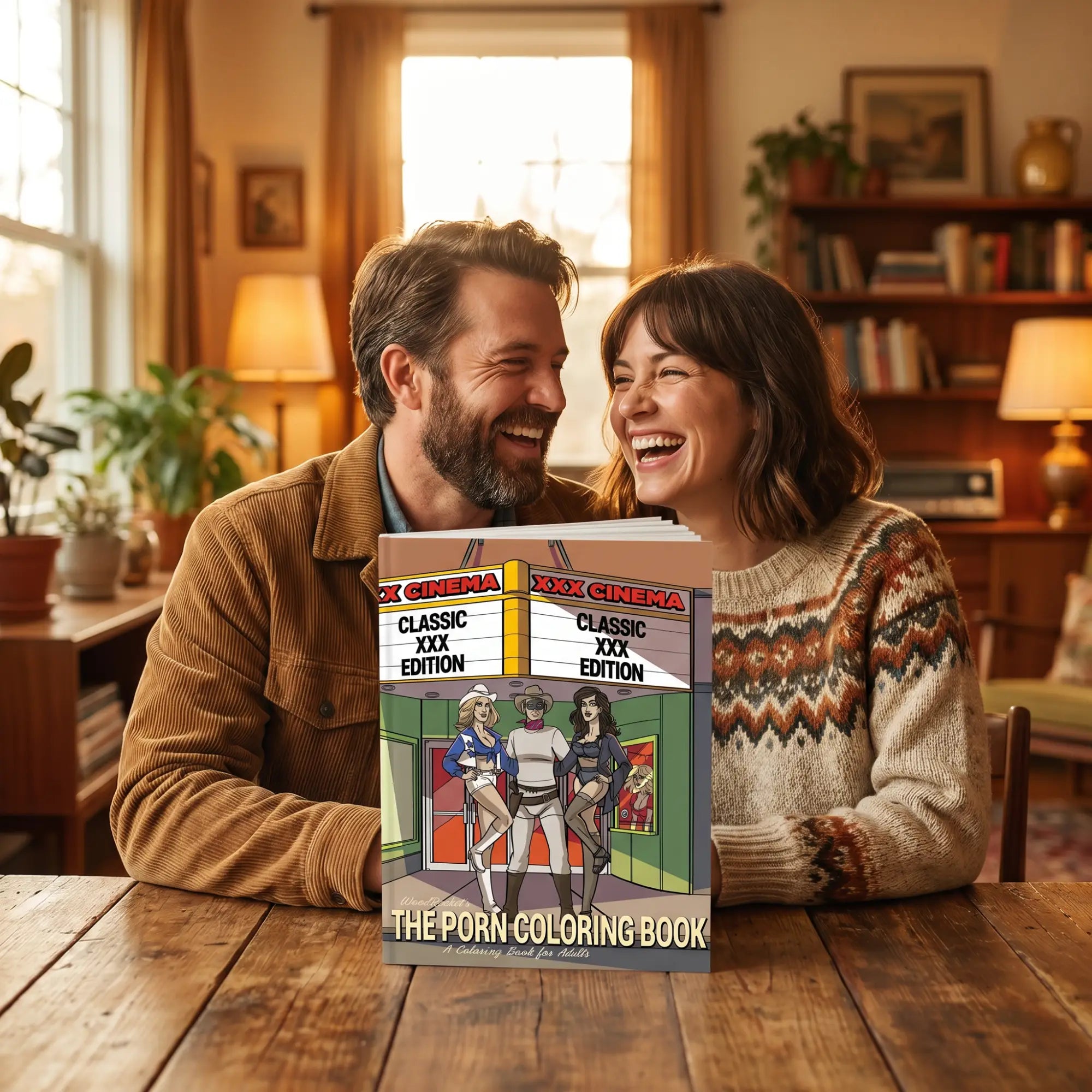 Man and woman laughing together at a vintage table with a Wood Rocket illustrated novelty book, retro warm setting.