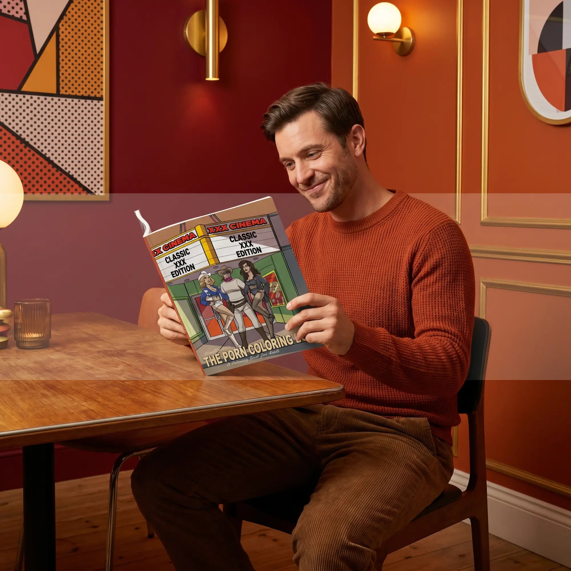 Stylish man in retro casual clothing at a vintage table examining a Wood Rocket illustrated novelty book, warm tones.