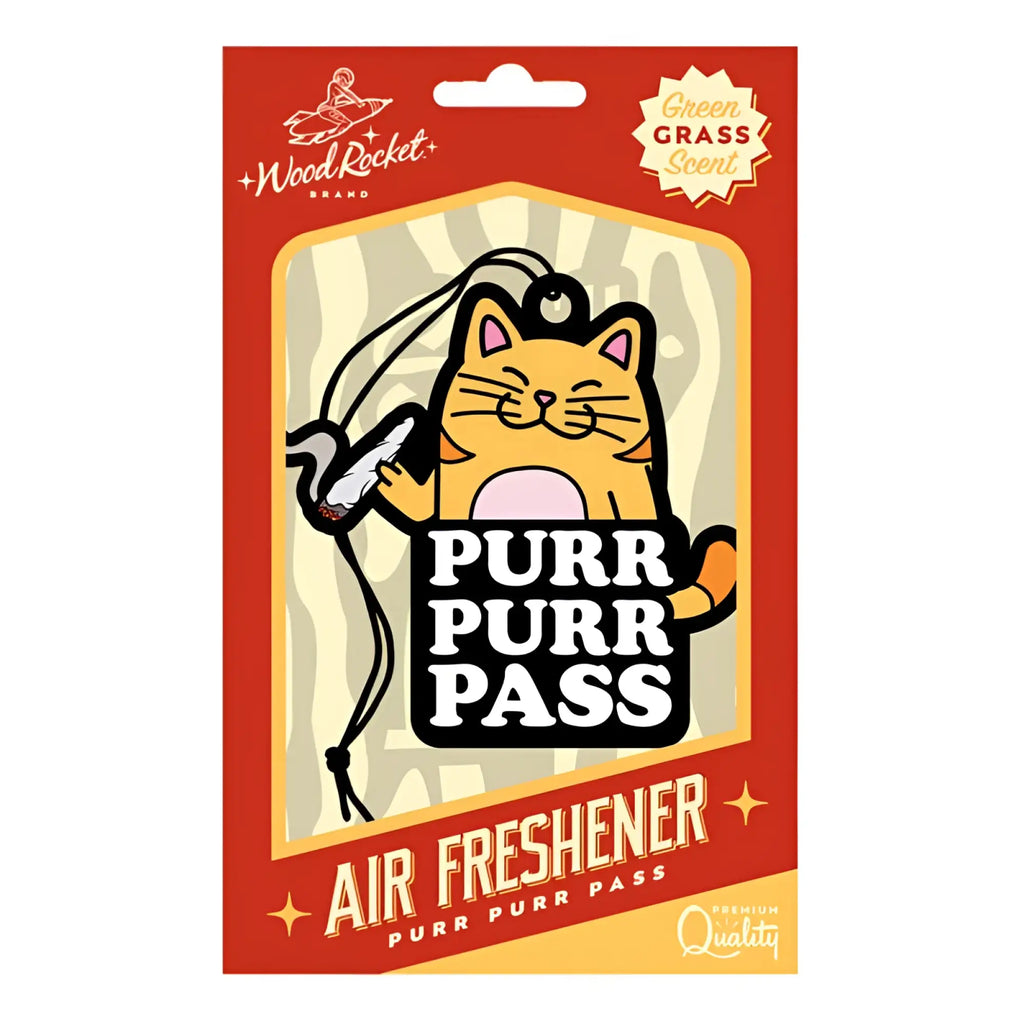 Wood rocket purr purr pass air freshener shaped like a cartoon orange cat holding a silver key fob with green grass scent