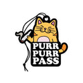 A cheerful orange cat-shaped Wood Rocket purr purr pass car air freshener with a black and white label holding a cigarette