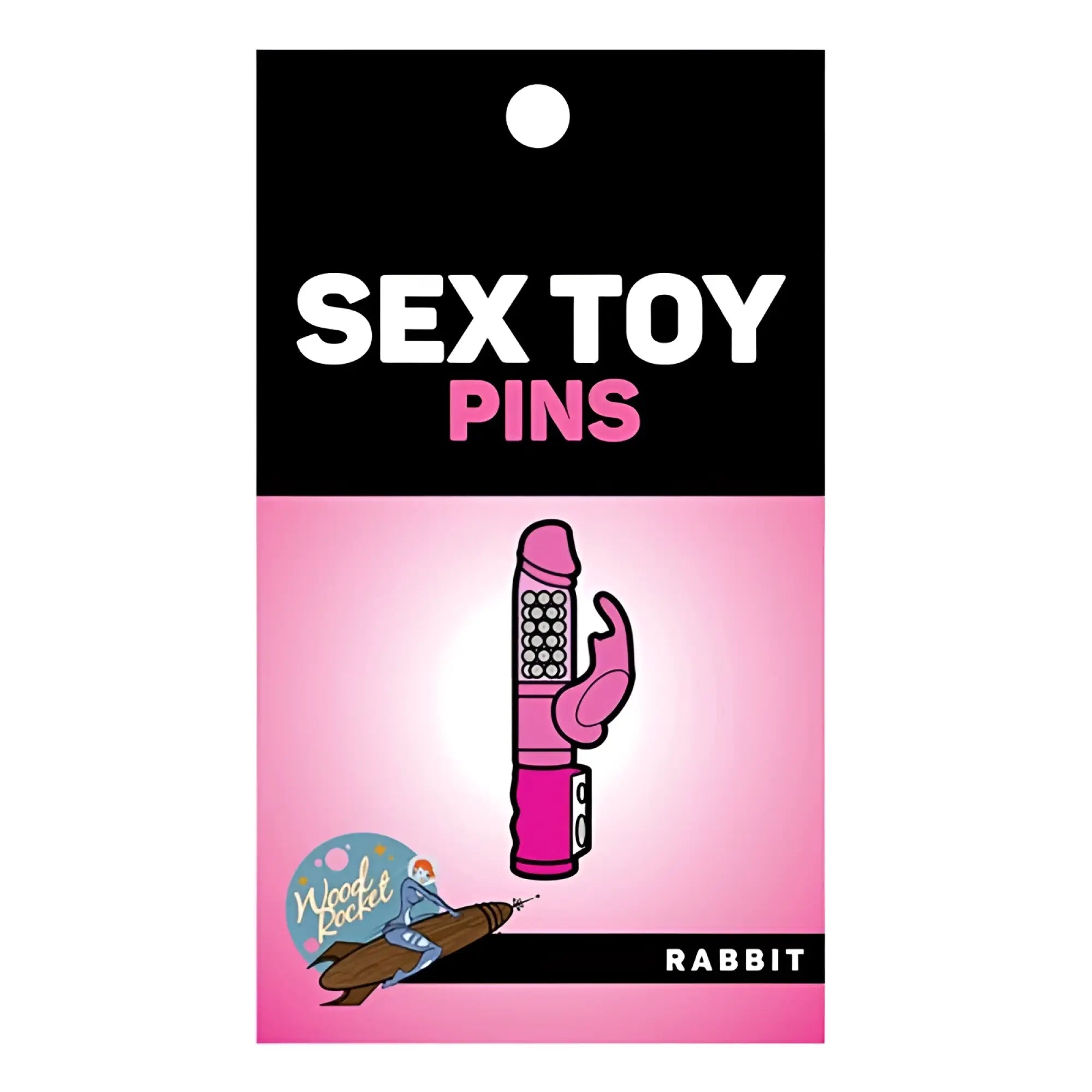 Wood rocket rabbit enamel pin featuring a pink textured rabbit-shaped design with silver accents