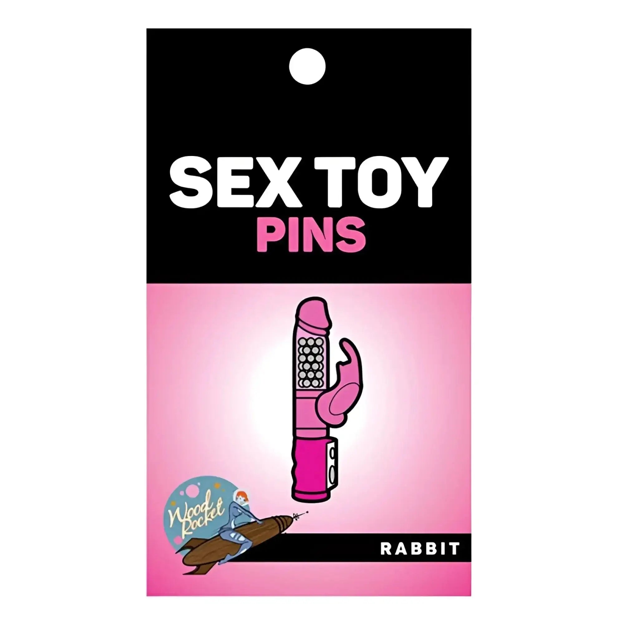 Wood rocket rabbit enamel pin featuring a pink textured rabbit-shaped design with silver accents