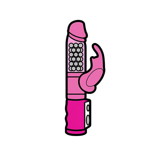 Pink wood rocket rabbit enamel pin shaped like a vibrator with textured grip and circular button controls
