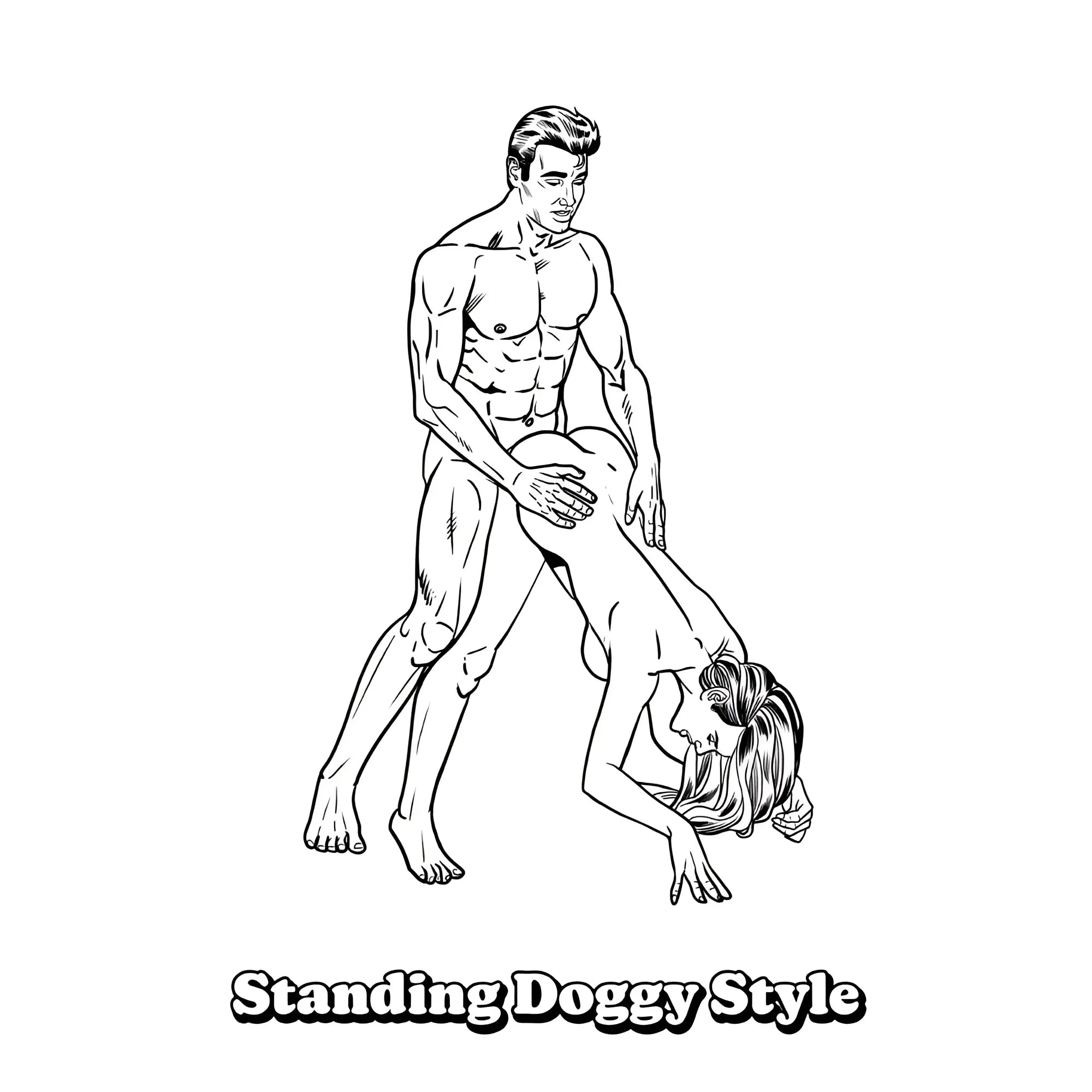 Black-and-white line drawing of a muscular man holding a woman in standing doggy style from wood rocket sexiest sex positions colouring book