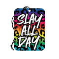 Wood Rocket Slay All Day air freshener with vibrant rainbow leopard print and bold white graffiti style lettering