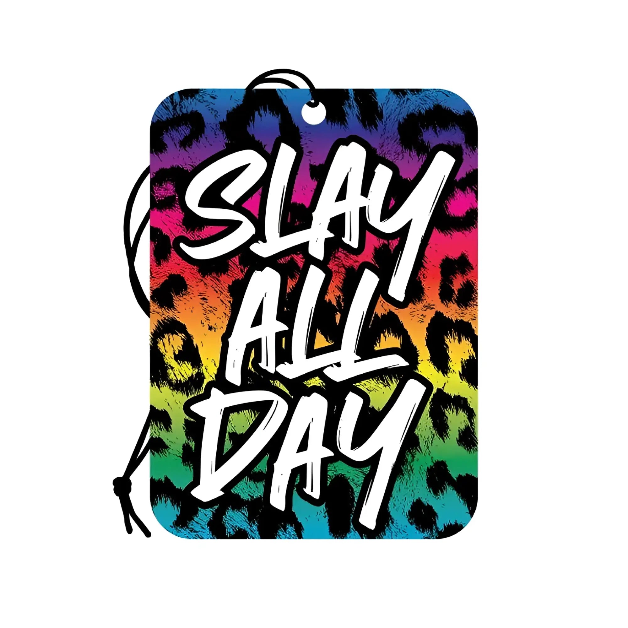 Wood Rocket Slay All Day air freshener with vibrant rainbow leopard print and bold white graffiti style lettering