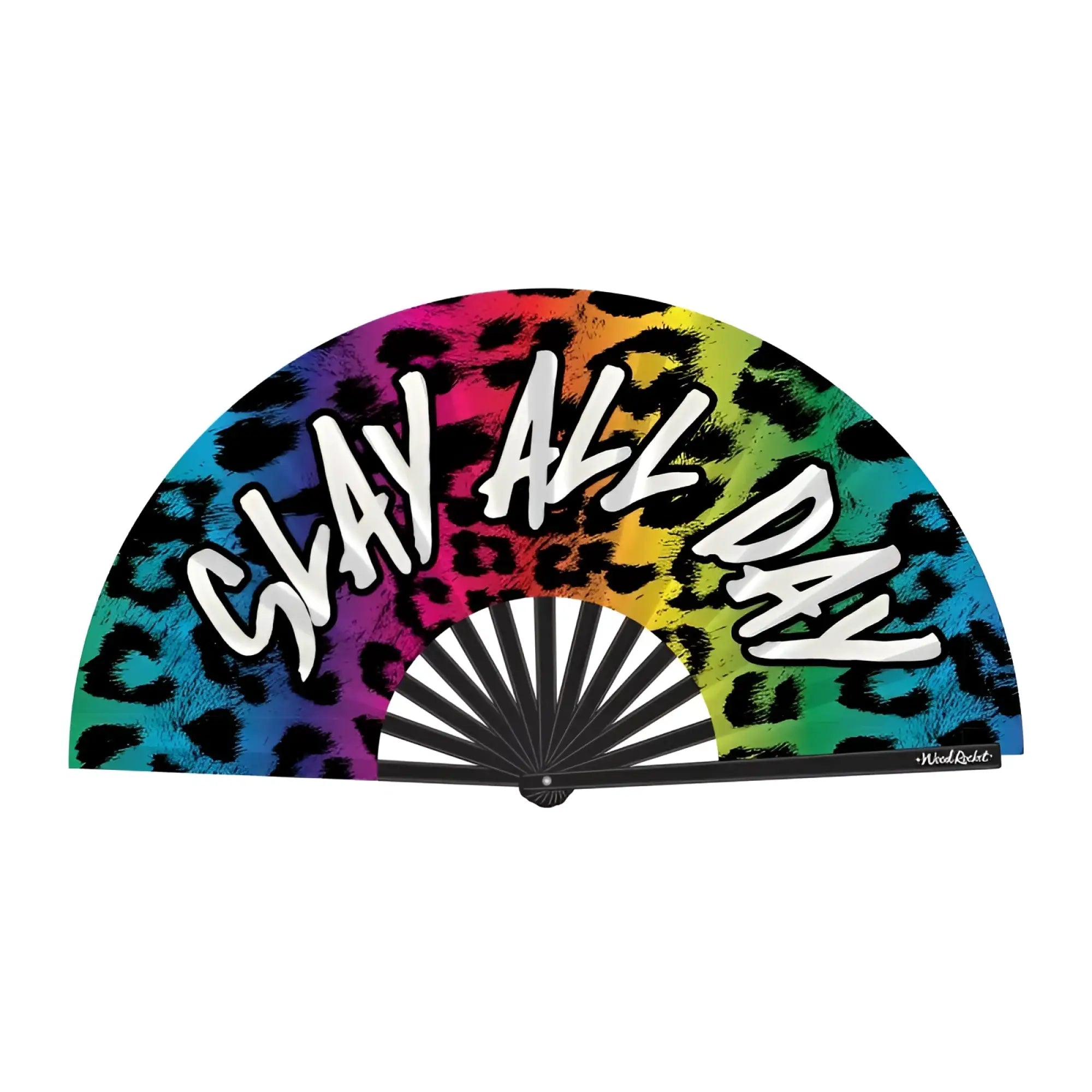 Wood rocket slay all day fan with vibrant rainbow leopard print and bold white lettering on a black and white striped center