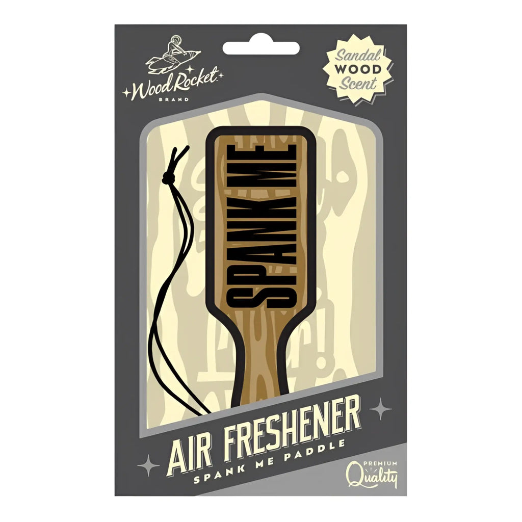 Wood Rocket spank me paddle air freshener in wooden sandalwood scent with bold black letters and black cord attached